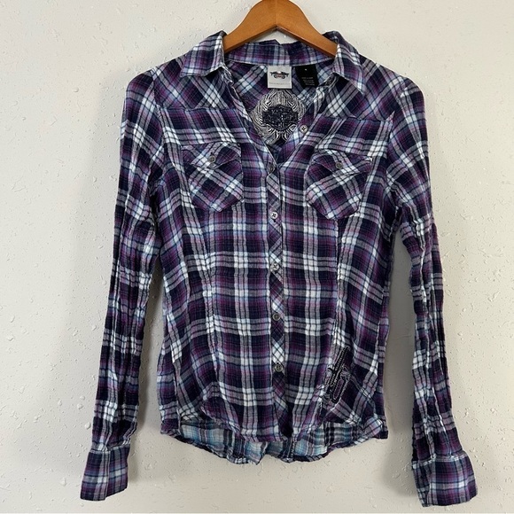 Harley-Davidson Purple Plaid Button Down Flannel Blouse Small Motorcycle - Picture 1 of 6